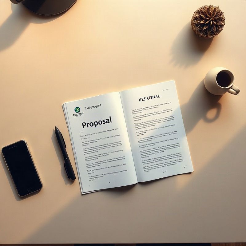 Top-down view of a proposal document on a slate desk