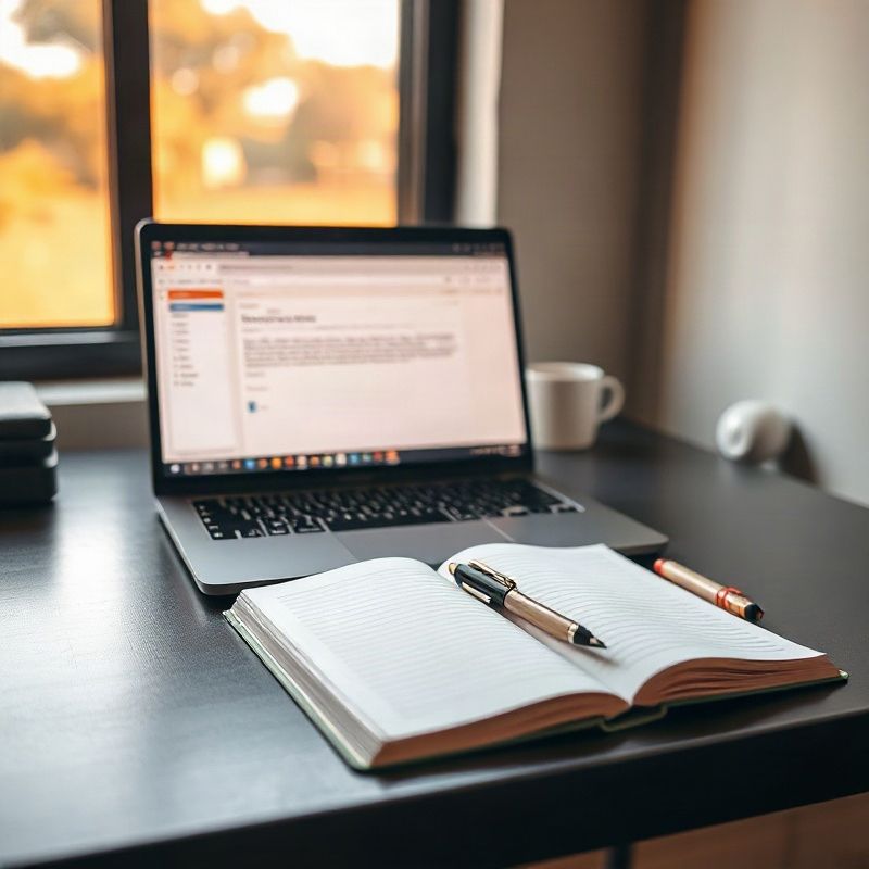 Minimal desk with notebook and laptop in a Thika office
