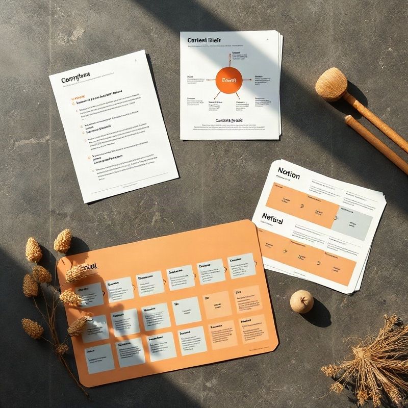 Flat-lay of workflow diagrams and content briefs on a slate desk