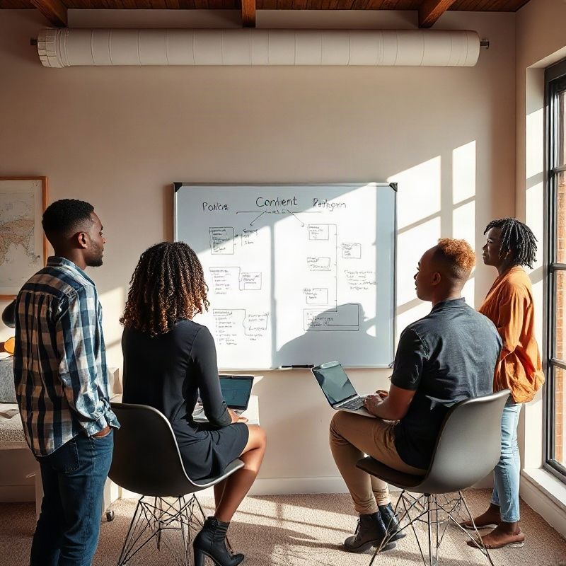 Six-person team around a whiteboard with workflow diagrams in a Kenyan office